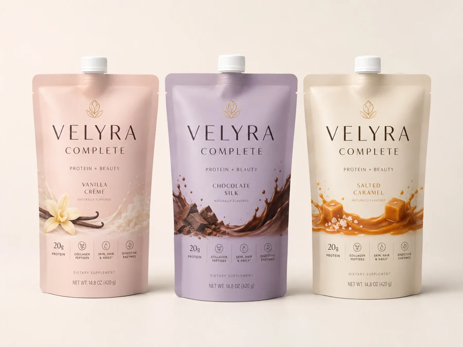 VELYRA COMPLETE protein and beauty pouch range