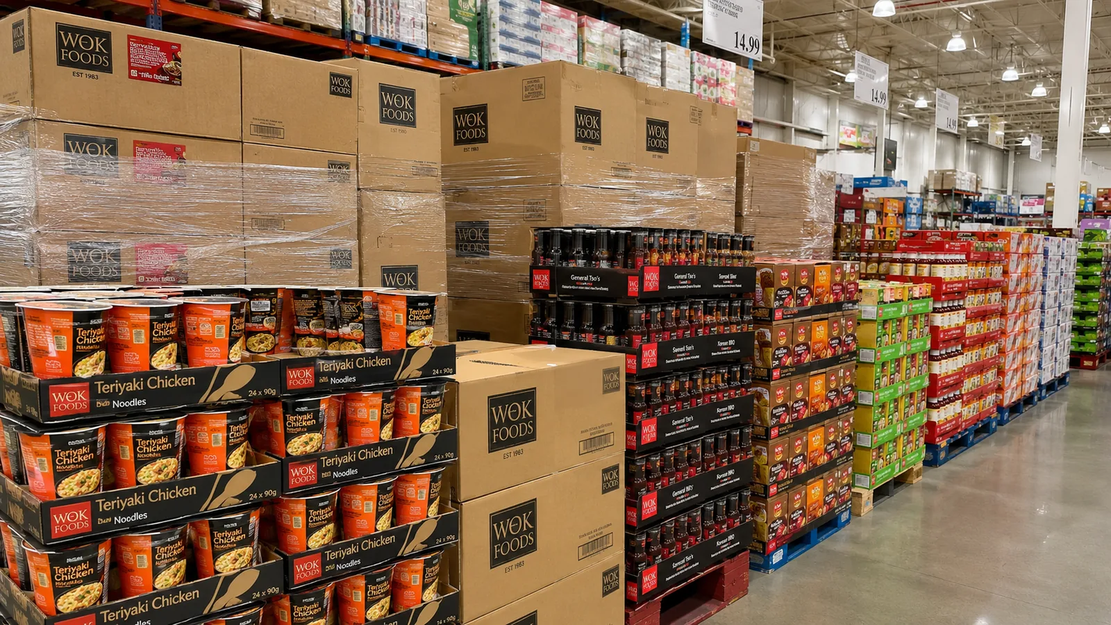 Wok Foods cartons and retail displays on pallets in a wholesale store