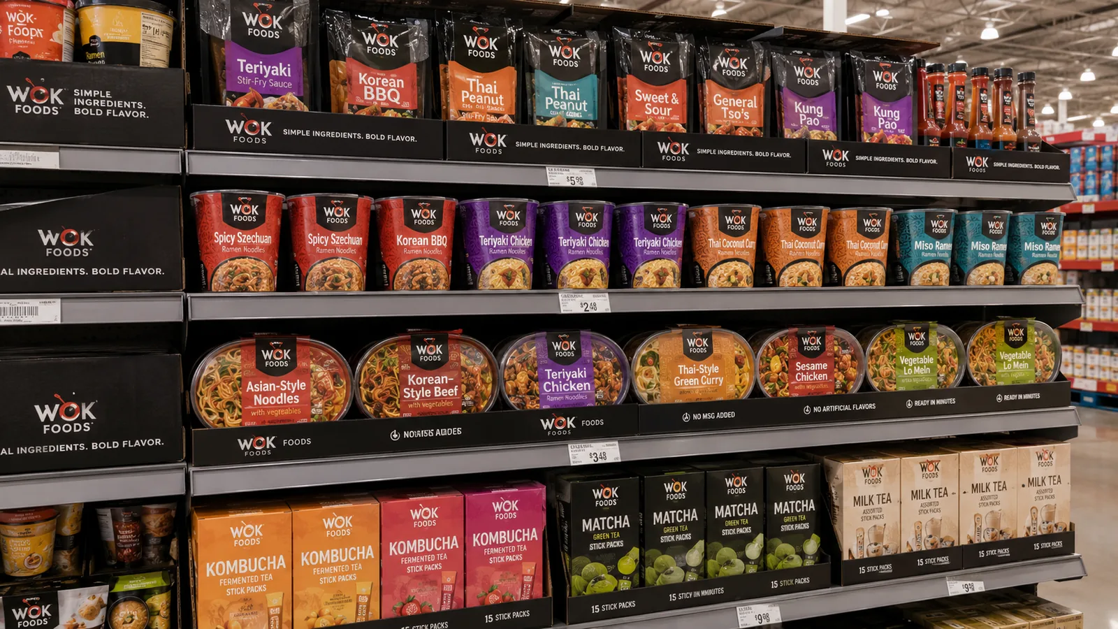 Wok Foods products merchandised on a supermarket shelf